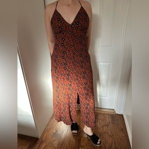 Brown floral Chelsea dress. Nice for semi fancy occasion in the summer or fall.